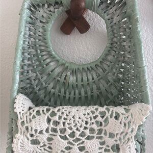 80’s Mint-Green Woven Wall Basket handmade Crochet Doily Removable Final Sale